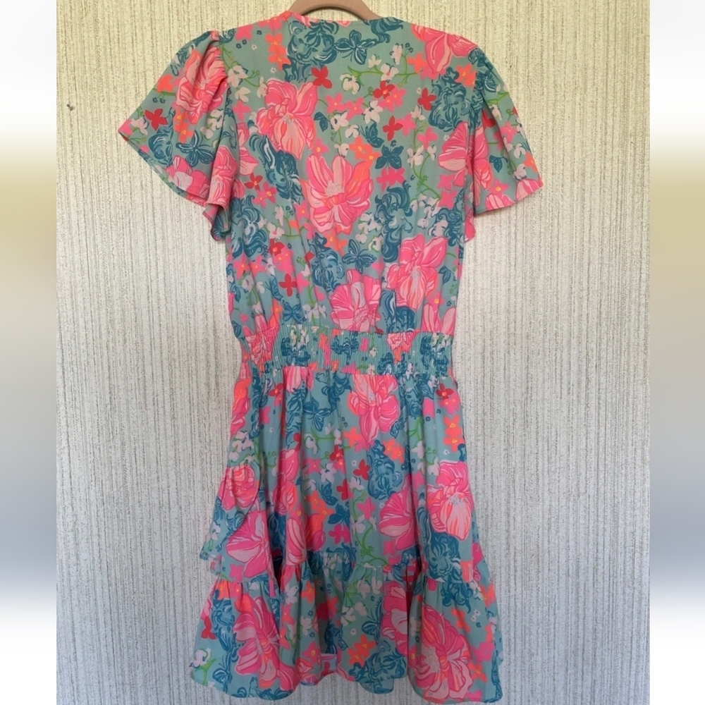 Lilly Pulitzer Size 8 Maryanne Surf Blue Luscious Lions Dress Floral Ruffles - Picture 11 of 12